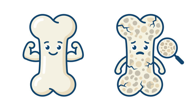 Healthy strong bone character flexing muscles versus weak porous osteoporosis bone comparison vector illustration