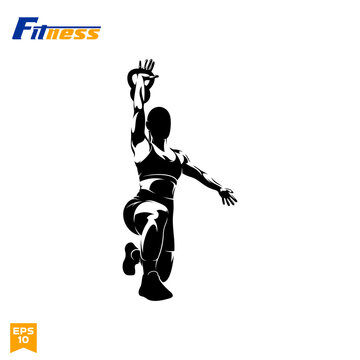Woman doing kettlebell fitness exercise silhouette vector illustration for gym, workout logo, and fitness crossfit poster.