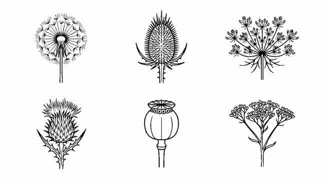 Set of hand drawn botanical illustrations featuring various wild flowers and seed heads.