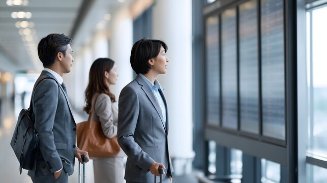business travelers checking flight information on a large digital airport display, professional Asian man and woman with rolling luggage, modern international terminal, bright architectural lighting,