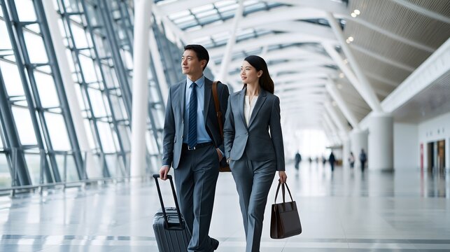 premium international business travel scene, professional Asian man and woman walking through a vast contemporary airport terminal with elegant luggage, expansive glass roof, sophisticated
