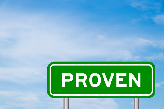 Green color transportation sign with word proven on blue sky with white cloud background