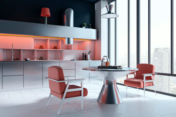 Fototapeta premium Modern kitchen interior with sculptural furniture, panoramic city window, and warm coral lighting in a contemporary apartment design. 3D Rendering