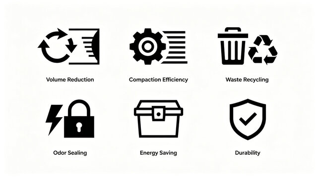 Function icon of garbage recycling equipment, reducing capacity, efficient compression, sealing, durability and energy saving, promotional brochure poster for garbage treatment equipment.
