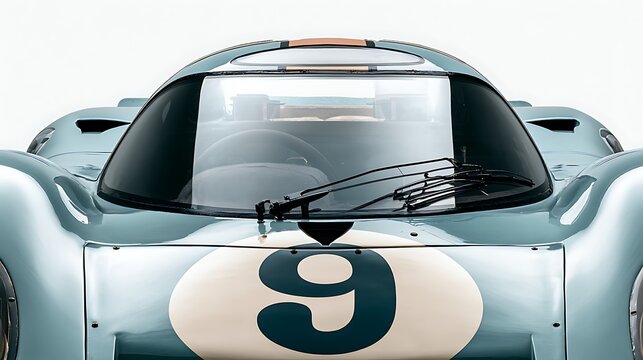Front view of a classic endurance racing car with number nine isolated on white background. Perfect for automotive heritage and motorsport themes.