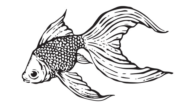 Vintage goldfish engraving, hand drawn black ink fish vector, antique style aquatic animal illustration for logo or branding