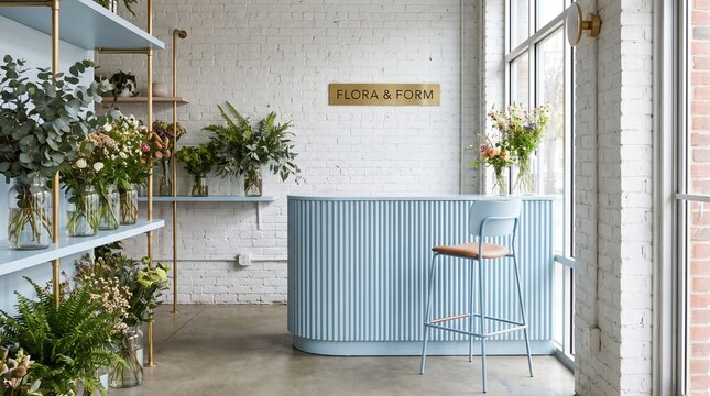 Bright modern flower shop counter with potted plants and minimalist decor display