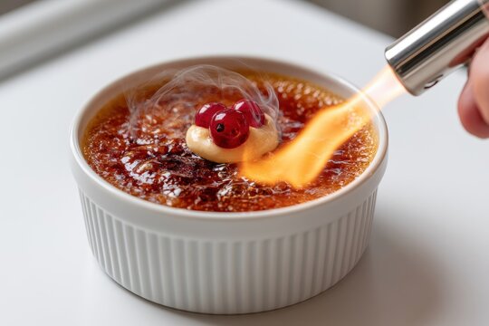A chef uses a kitchen torch to caramelize sugar on top of a delicious creme brulee dessert with berries. Ideal for gourmet recipe and cooking demonstrations.
