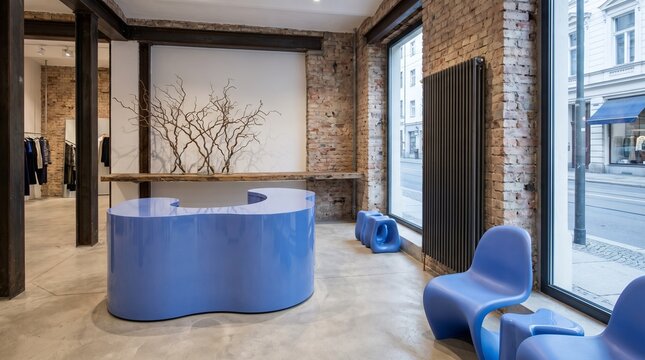 Modern retail lounge with vibrant blue seating and minimalist decor for customer relaxation
