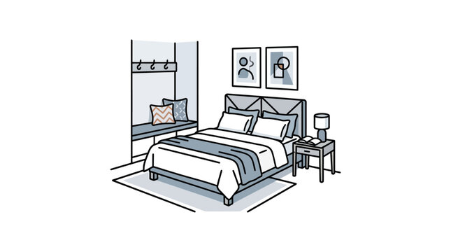 A minimalist line art illustration of a modern bedroom interior featuring a bed and furniture.