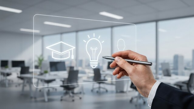 Person using a stylus to draw an education and innovation on a transparent digital screen in a blurred modern office environment