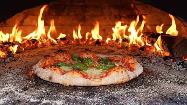 Fresh Pizza Baking Inside Traditional Wood Fired Brick Oven With Open Flames