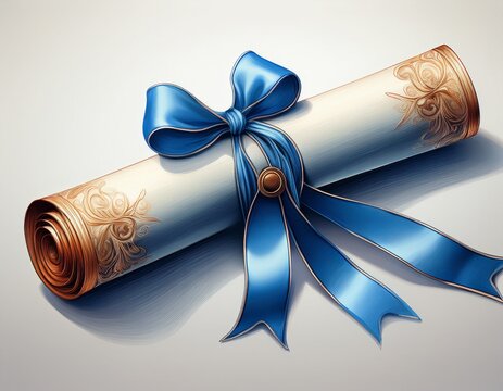 isolated diploma scroll with a shiny blue ribbon certificate of honor and graduation degree