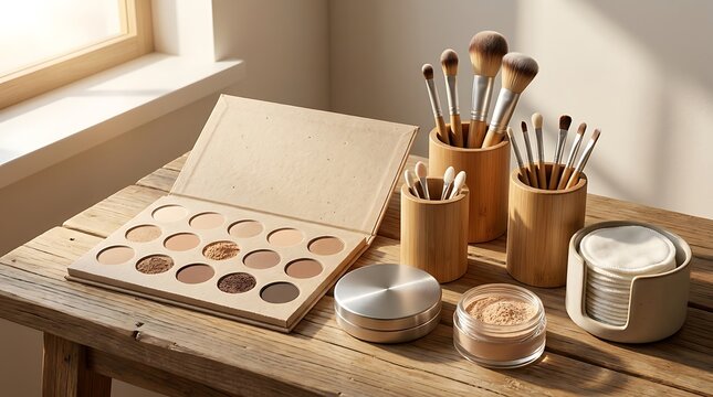Makeup brushes and eyeshadow palette on a wooden desk near a window. sustainable makeup tutorial