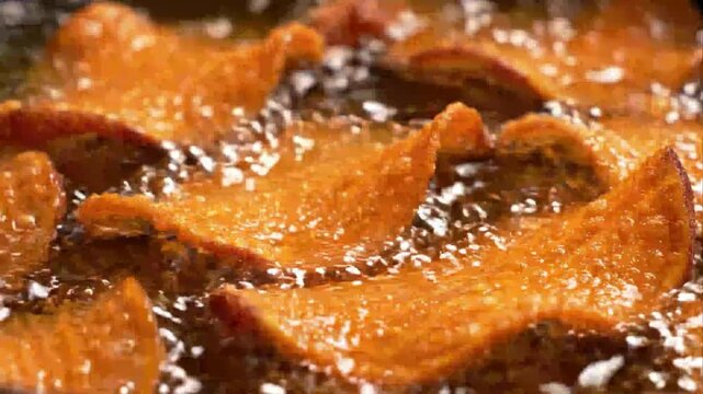 Sweet Potato Chips Deep Frying in Bubbling Hot Cooking Oil Macro