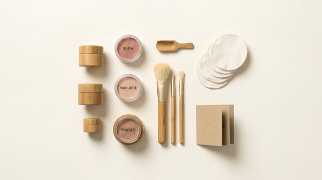 Natural bamboo makeup brushes and organic cosmetic containers with face powder and blush products. sustainable makeup tutorial