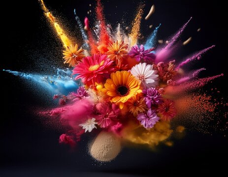 explosion of beautiful multi colored flowers and sand on a dark background