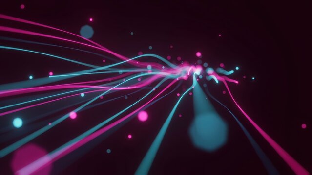 Abstract flow of pink and blue glowing lines creating futuristic light trails in dark space.