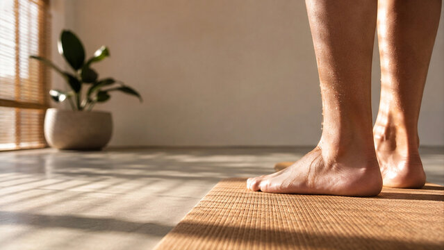 Grounded Bare Feet on Natural Cork Yoga Mat - Mindful Wellness & Somatic Health - Health App Landing Page - Sunlit Minimalist Studio