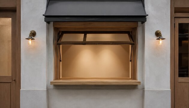Minimal service window with wooden frame and warm lighting