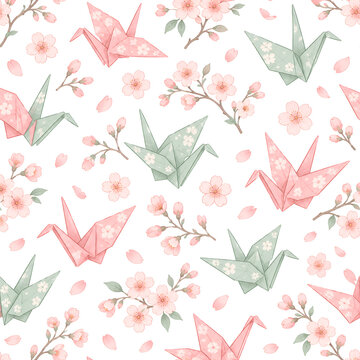 Origami paper crane and cherry blossom seamless pattern aesthetic floral background vector illustration