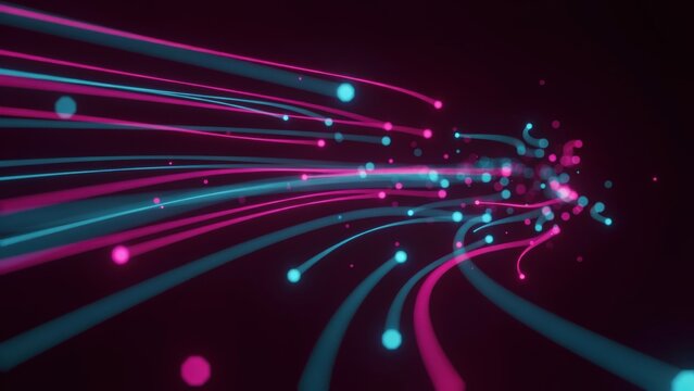 Flowing neon pink and cyan light trails with bokeh effect, representing data transfer or speed.