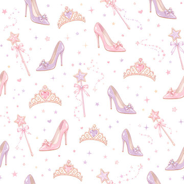 Cute princess glass slipper high heels and tiara magic wand seamless pattern vector illustration