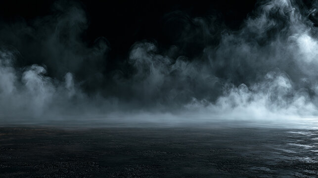 Thick white smoke drifts across a dark textured ground in a cinematic atmosphere. Perfect for dramatic background overlays or moody creative photography.