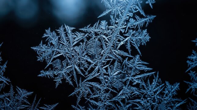 Macro photography of intricate ice crystal patterns frozen on a window glass surface