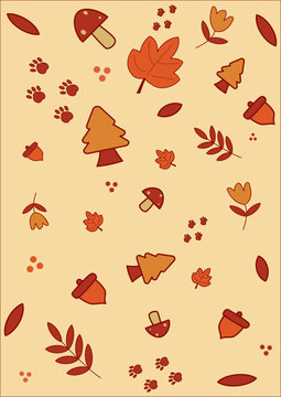 Cute autumn seamless pattern with maple leaves acorns mushrooms pine trees and animal paw prints vector background