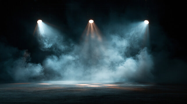 Three bright white spotlights project beams through a dense foggy atmosphere on a dark stage. Excellent for event production or dramatic creative designs.