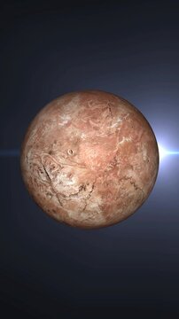 Dwarf planet Makemake rotating in deep space with cinematic sun flare lighting.