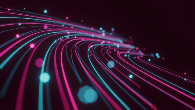 Curving neon pink and teal streaks with glowing dots, suggesting fast movement and digital connections.