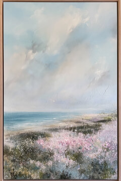 Impressionistic painting depicting a peaceful coastal landscape with pink and purple wildflowers, calm ocean, and a light sky