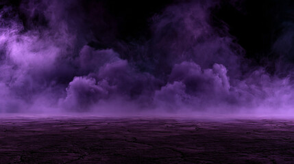 Thick purple smoke swirls over a dark cracked earth surface in low light. Eerie and cinematic background for conceptual art. © Bisca