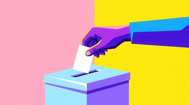 Democratic voting concept featuring a hand inserting a paper ballot into a slot of a minimalistic ballot box.