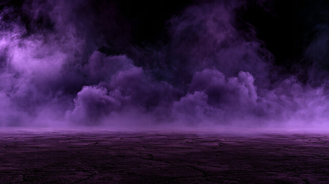Thick purple smoke swirls over a dark cracked earth surface in low light. Eerie and cinematic background for conceptual art.