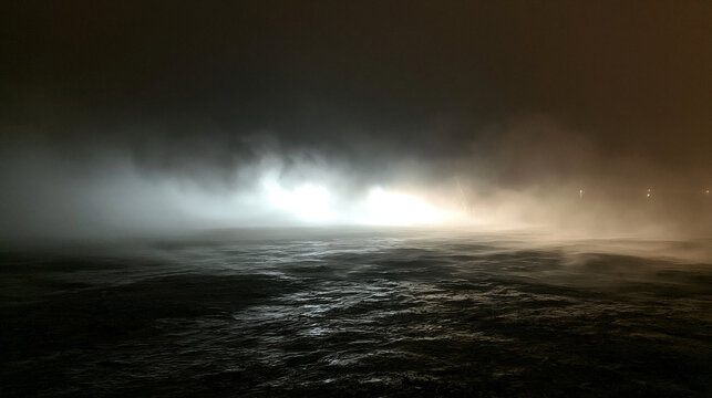 Mysterious bright lights shine through thick fog over dark turbulent water at night. This cinematic scene conveys an ominous mood for storytelling concepts.