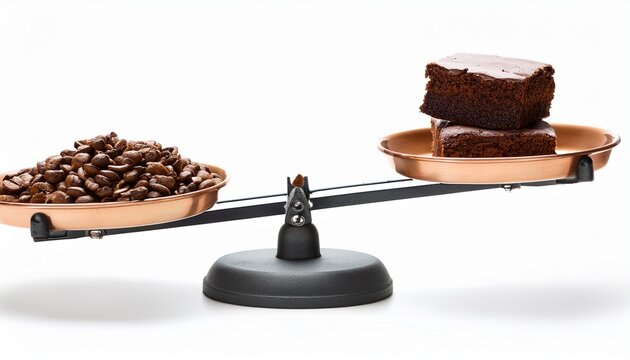 coffee beans and brownies balanced on a scale isolated on white background