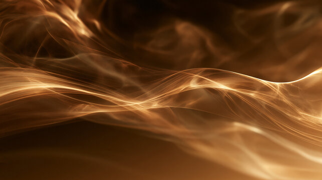 Glowing golden light waves and smoke flowing smoothly in a dark space. Useful for luxury backdrops and abstract technology designs.