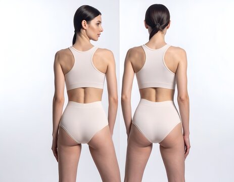Woman in beige sports bra and briefs back view.
