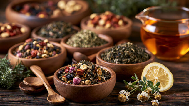 Various colorful herbal tea blends are displayed in wooden bowls on a rustic wooden table. Healthy lifestyle and organic food concept for nutrition advertising.
