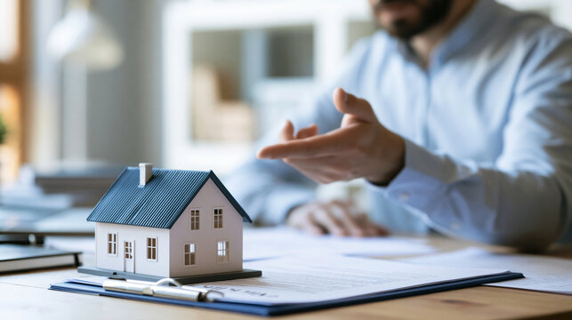Real estate agent explaining house purchase contract with model house on wooden desk. Ideal for mortgage and property investment concepts.