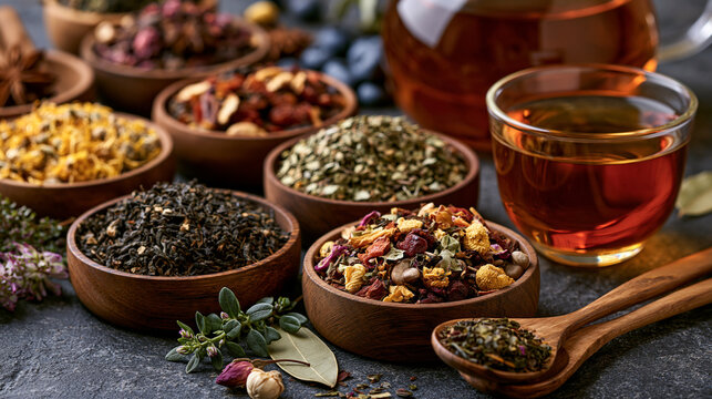 An assortment of dried loose tea leaves and herbs in wooden bowls on a textured stone table. High-quality visual for wellness or organic tea business branding.