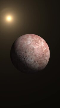 Dwarf planet Makemake orbiting in deep space with a distant bright star background.