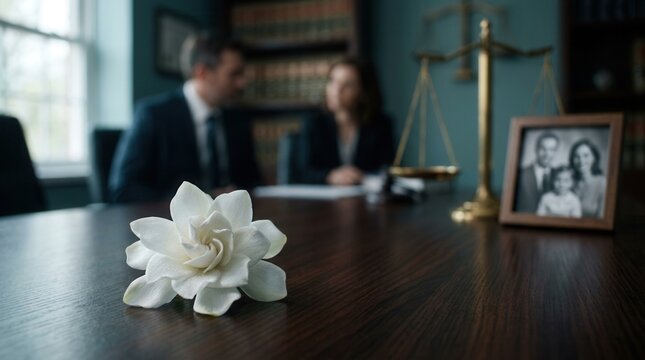 Family photo and scales of justice blurred in background with a white flower on wooden table, symbolizing legal grief and wrongful death accident claim.