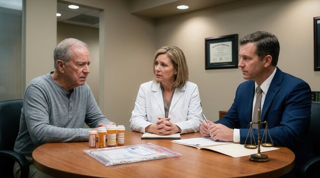 Legal consultation involving a patient claim and medical malpractice review with three people discussing documents and attorney advice at a table.