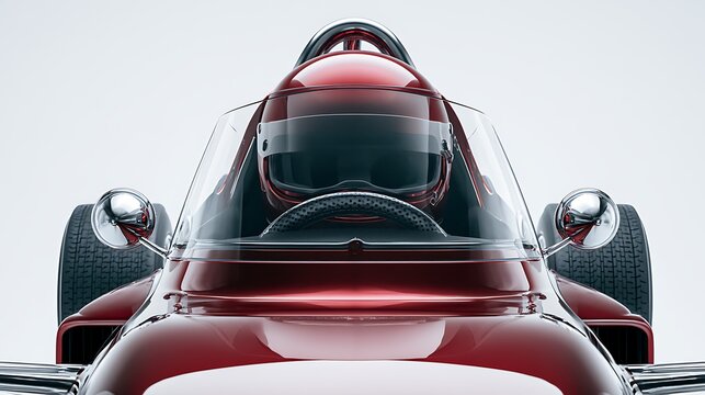 Front view of a vintage red race car with a driver wearing a helmet, isolated on white background. Ideal for automotive history concepts.