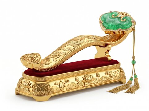 Luxury Chinese gold Ru Yi scepter with translucent emerald jade cloud motif on ornate pedestal featuring dragon carvings symbolizing power and prosperity in museum quality

