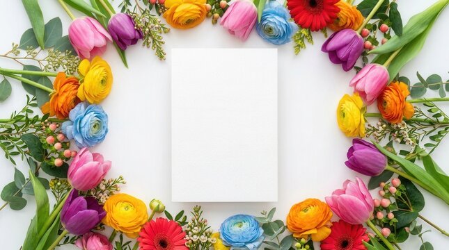 Colorful spring flowers and tulips surrounding a blank white notecard mockup for greeting cards